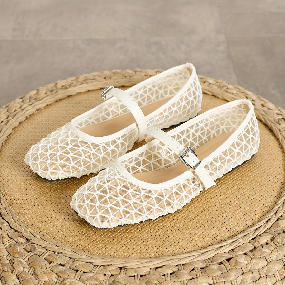 Women's Breathable Mesh Mary Jane Flats Summer Ballet Shoes with Square Toe