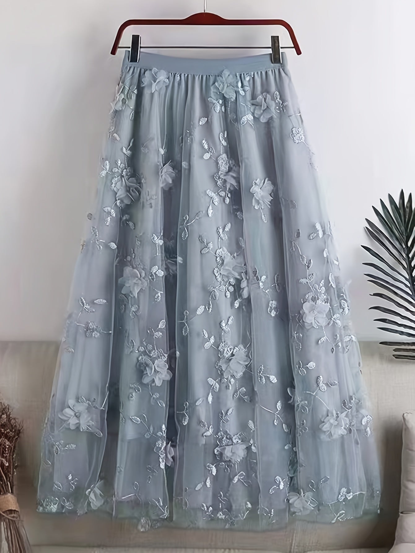 Women's Sheer Mesh Embroidered Midi Skirt with 3D Floral Tulle Ruffled Hem