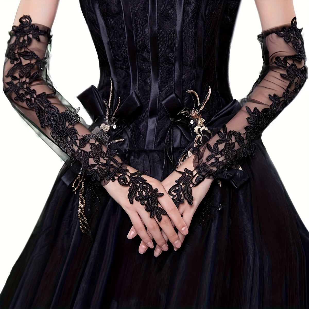 Women's Long Lace Gloves with Sheer Mesh Sleeves for Weddings and Photos