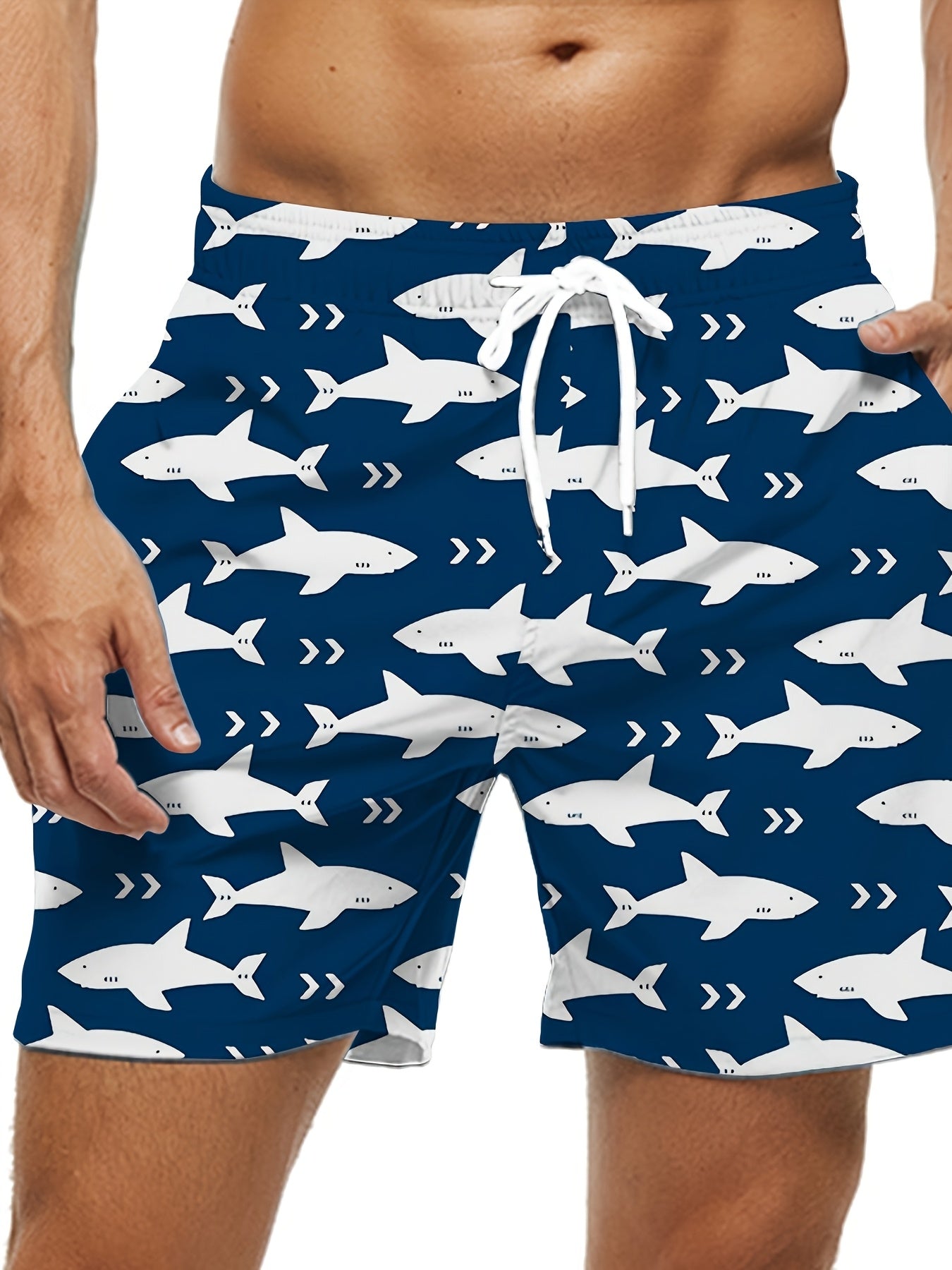 Men's Quick-Dry Ocean Style Swim Shorts with Shark Print Plus Size