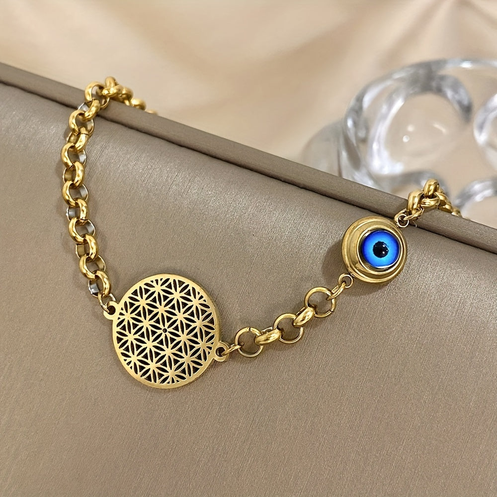 Golden Stainless Steel Bracelet with Evil Eye and Flower of Life Design for Women