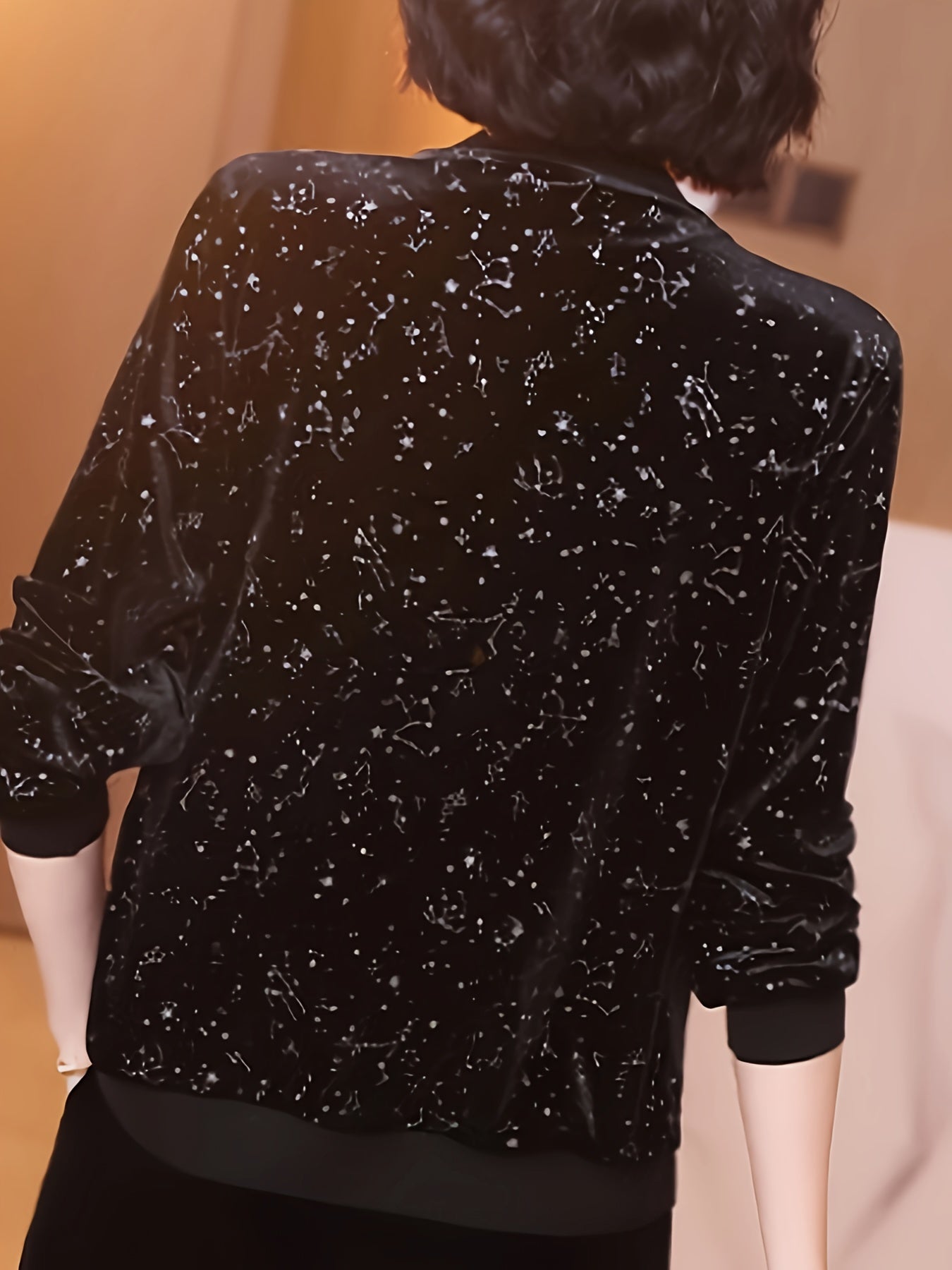 Women's Chiffon Bomber Jacket with Starry Night Print Long Sleeve Zip-Up All-Season