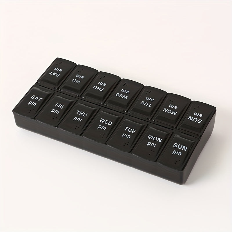 Компактный органайзер для таблеток с 14 отделениями и шрифтом Брайля для ежедневных витаминов и лекарств, черный и прозрачный