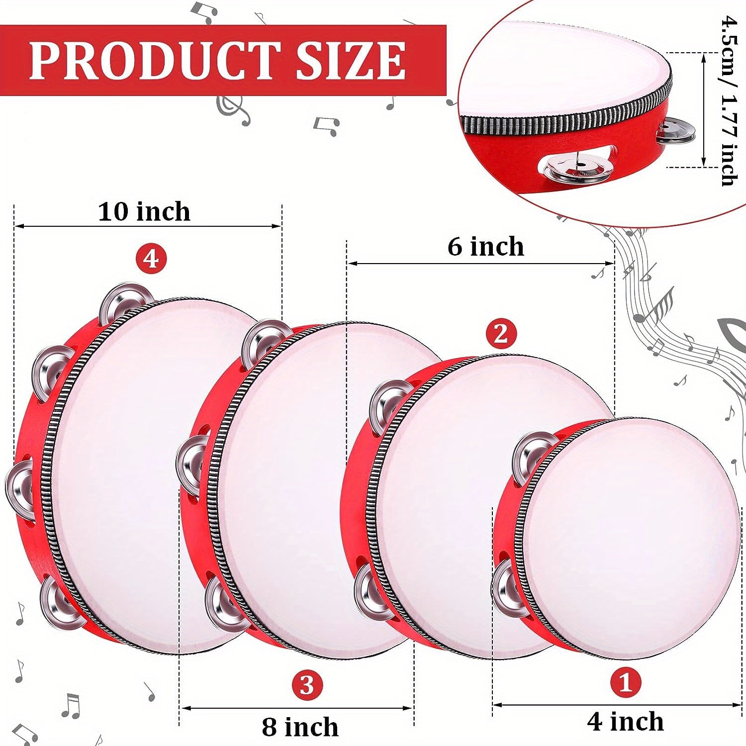 Red Wooden Handheld Tambourine with Metal Jingles for Adults 4 Sizes Rhythm Percussion Musical Instrument