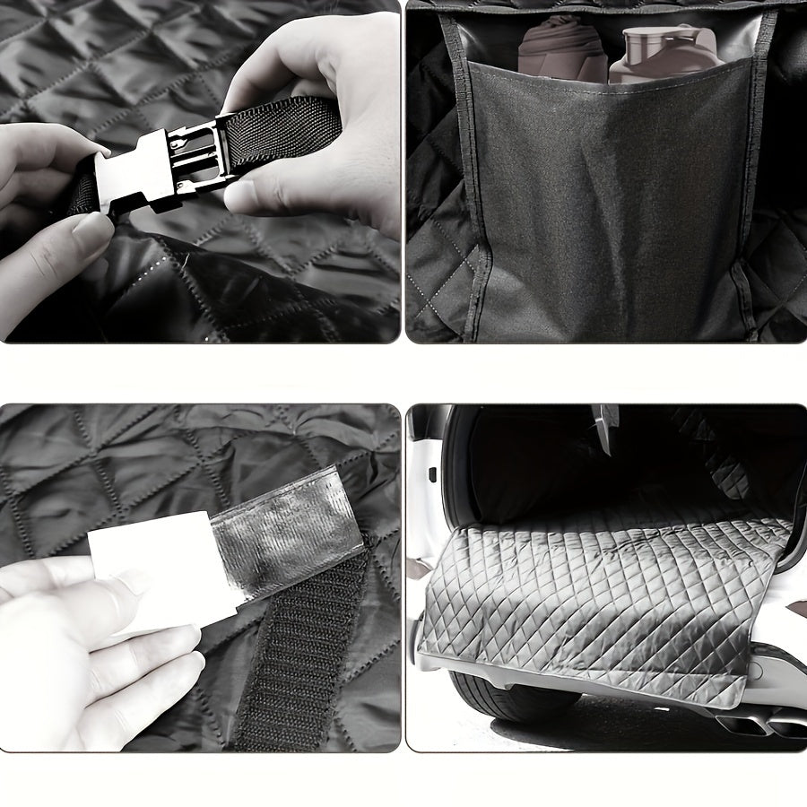 Sakrab o'tish uchun orqa o'rindiqni himoya qilish uchun saqlash cho'ntaklari bilan mustahkam suv o'tkazmaydigan uy hayvonlari avtomobil o'rindiq qoplamasi.