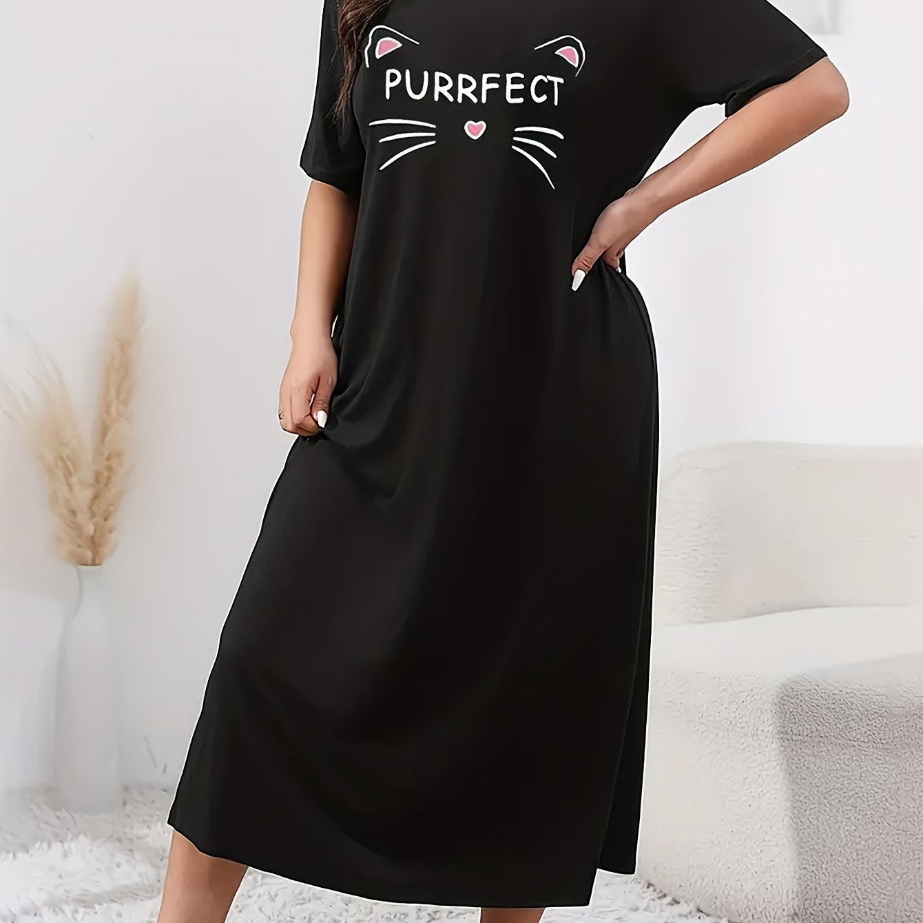 Plus Size Women's Long Sleeve Sleep Dress Cozy Grey Nightgown All-Season Lounge