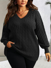 Plus Size Cable Knit Sweater V Neck Long Sleeve Fall Winter Women