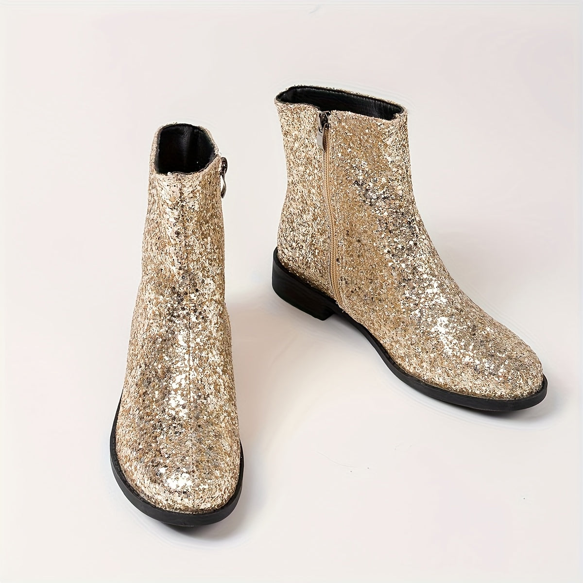 Women's Plus Size Short Sequin-Decorated Chelsea Boots with Zipper and Chunky Heel
