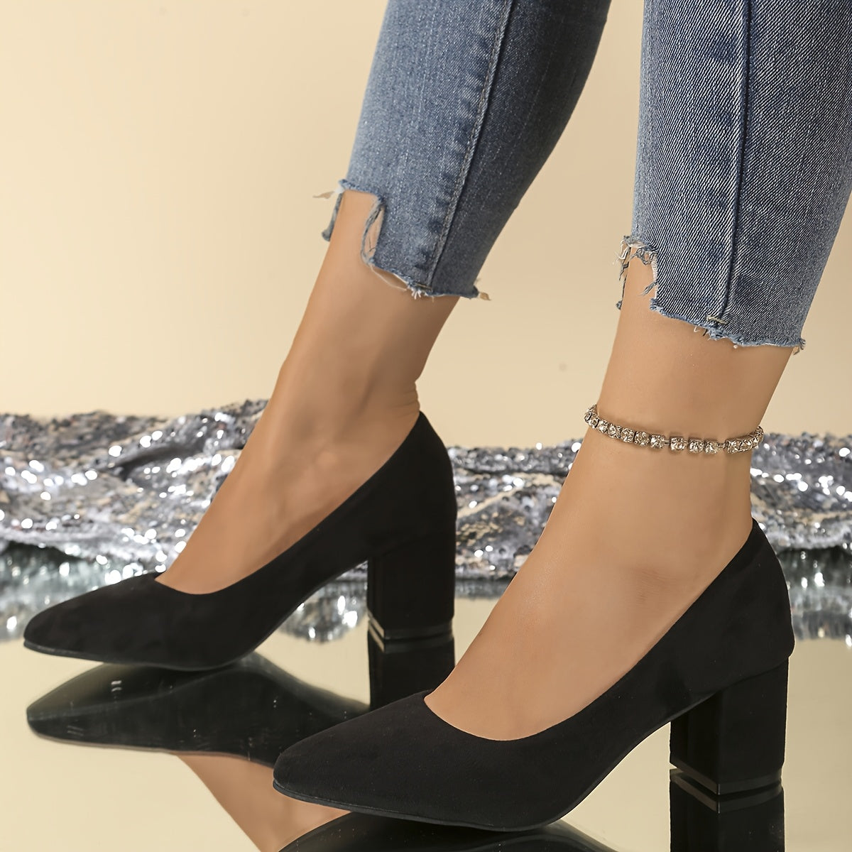 Women's Pointed Toe Mary Jane Heels Black Slip-On Dress Shoes