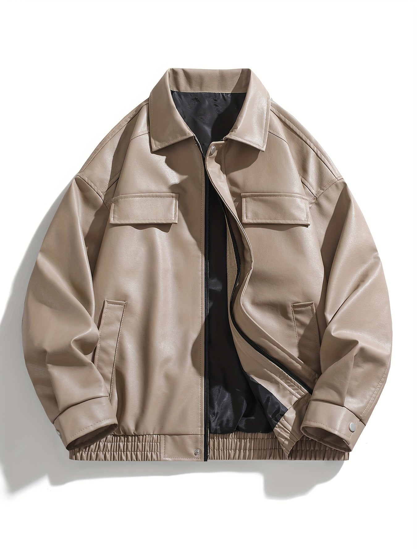Erkaklar uchun retro PU charm kurtka, qora silliq qoplama, zip-up yopilishi va qopqoqli cho'ntaklar bilan.