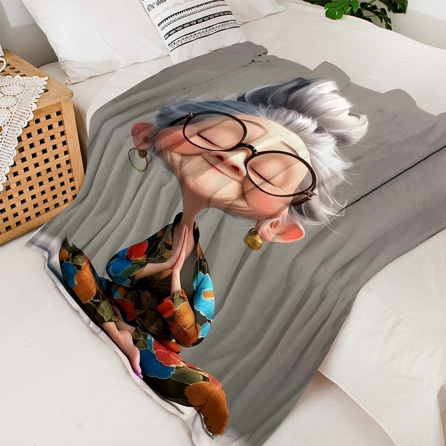 Meditating Grandma Fleece Blanket Soft Warm Cozy for Nap Travel Camping Sofa Bed Office Decor