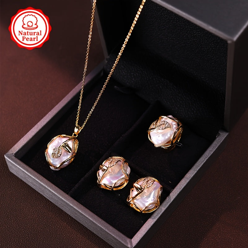 Women's Jewelry Set with Freshwater Pearl Pendant Earrings and Ring