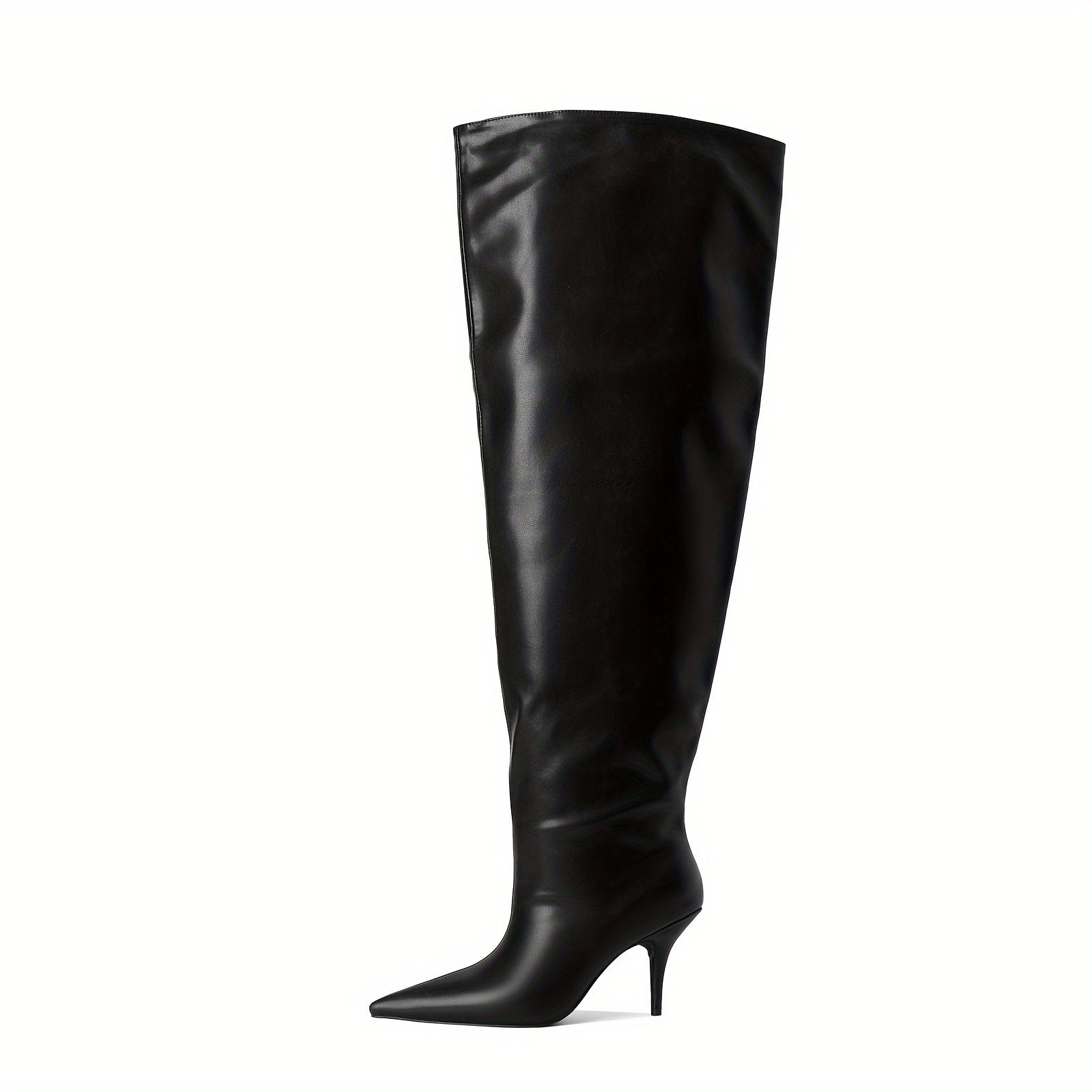 Women's Black Faux Cover Pointed Toe Over-the-Knee Boots With Pleated Design