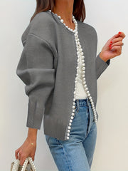 Cárdigan corto para mujer de talla grande con perlas, blanco, suéter de manga larga