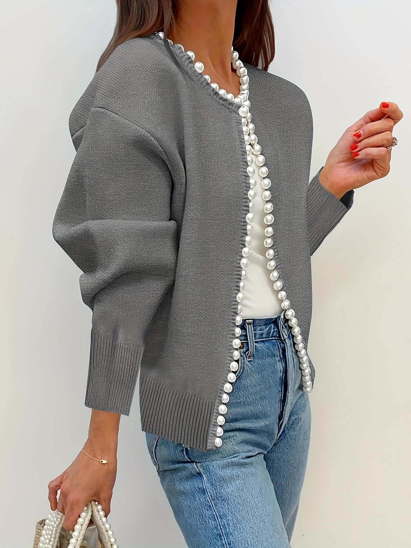 Cárdigan corto para mujer de talla grande con perlas, blanco, suéter de manga larga
