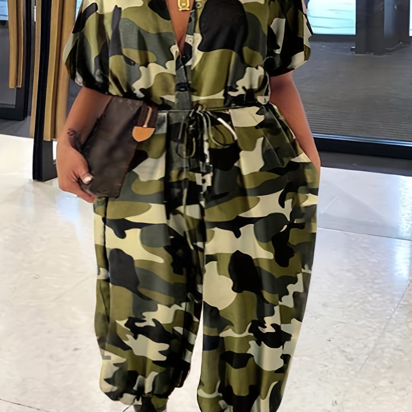 Women's Camo Print Jumpsuit Polyester Casual Loose Fit Parka