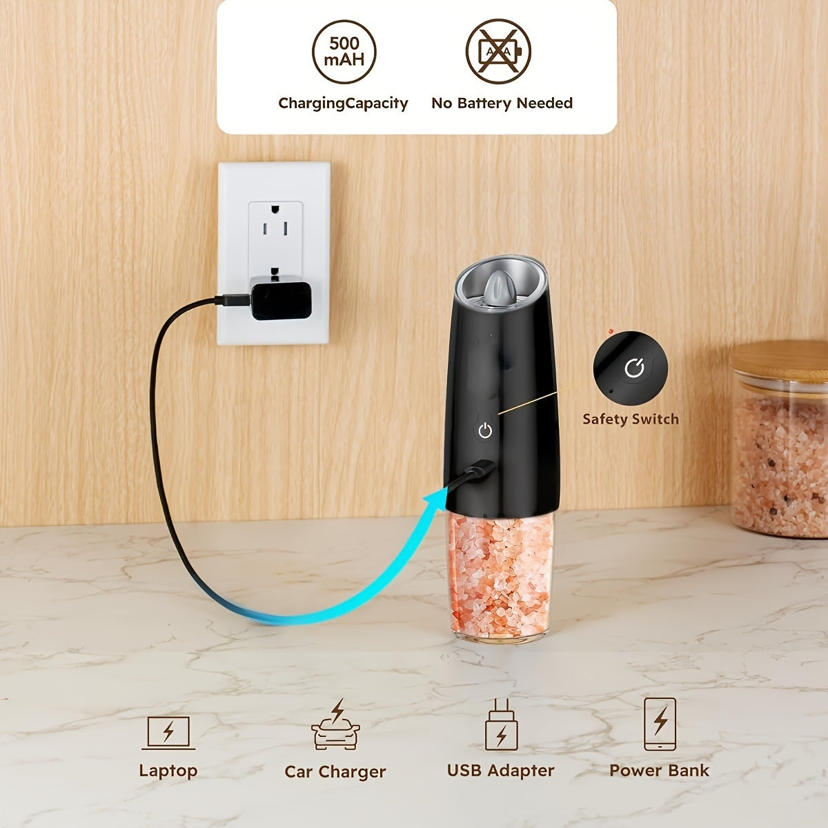 Set of 2 Electric Salt and Pepper Grinders, Rechargeable USB-C, ABS Material