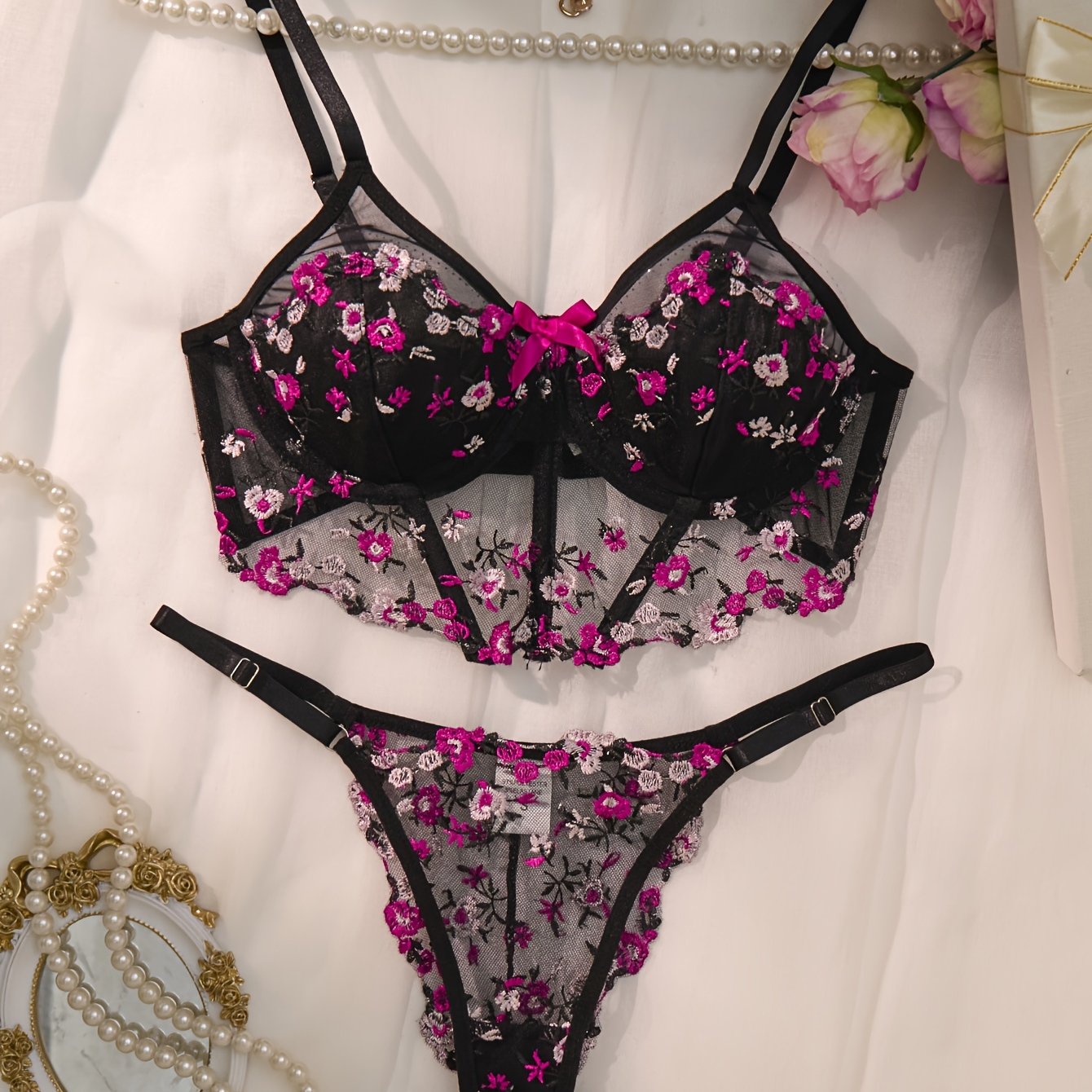 Black Floral Embroidered Lingerie Set with Sheer Mesh Bra and Low-Rise Thong
