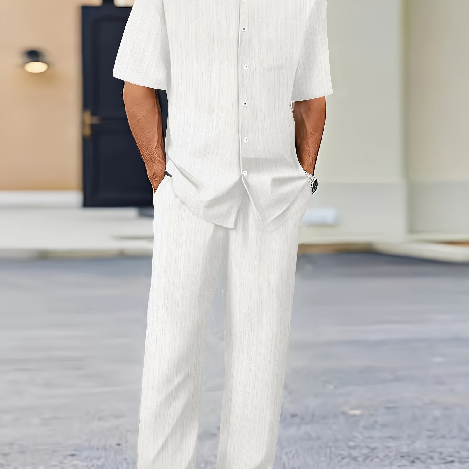 Men's Short Sleeve Striped Sweatsuit Set with Button Collar and Elastic Waist Pants Summer Woven Polyester Spandex