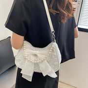 Black Crossbody Bag with Pearl Bow Zipper Closure Polyester Lining Vintage Style