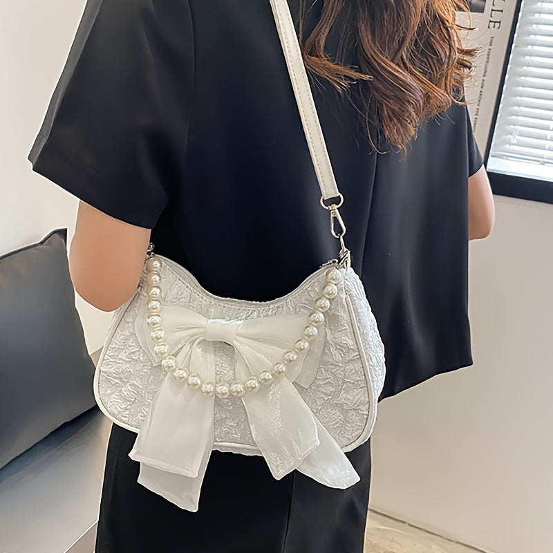 Black Crossbody Bag with Pearl Bow Zipper Closure Polyester Lining Vintage Style