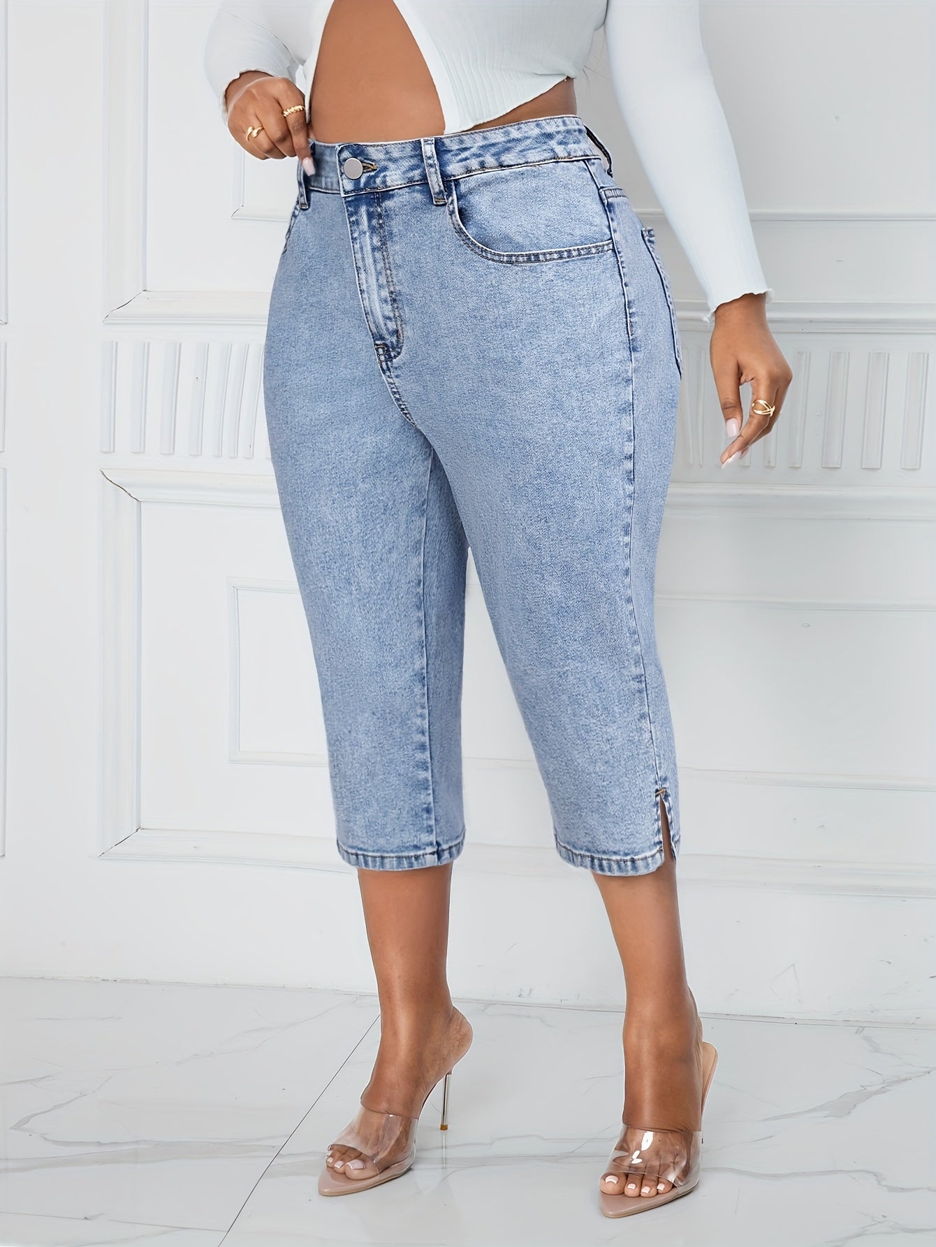 Women's High-Stretch Mid-Thigh Denim Jorts Casual Washed Blue Shorts