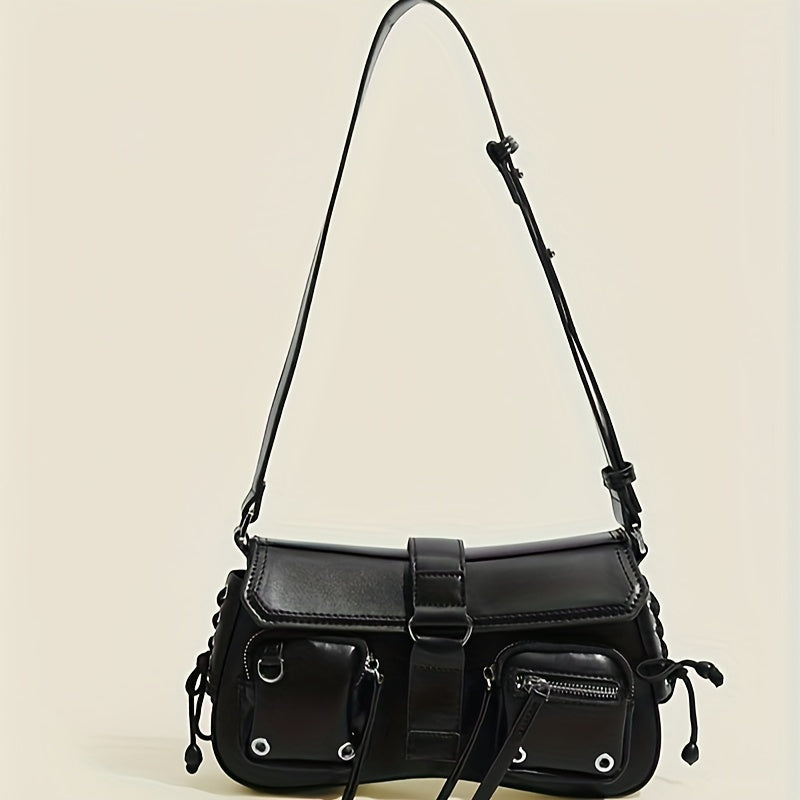 Women's Black Punk Style Shoulder Bag with Multi Pockets and Adjustable Strap