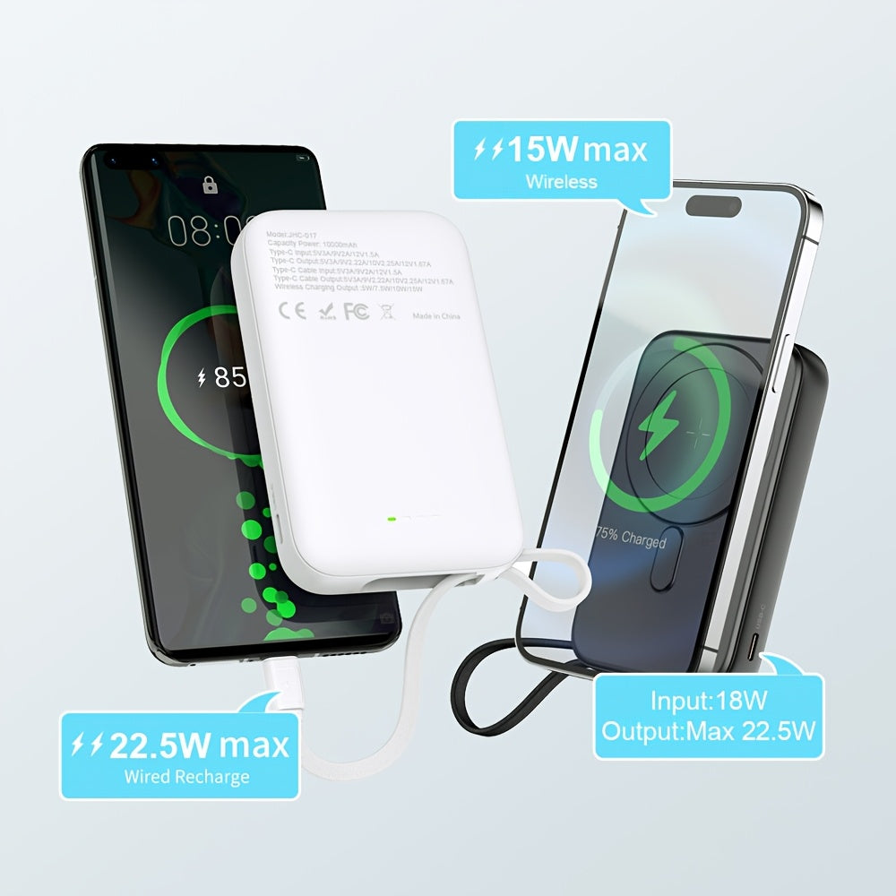 Wireless Power Bank 10000mAh Fast Charging Magnetic Suction with Nylon Cable