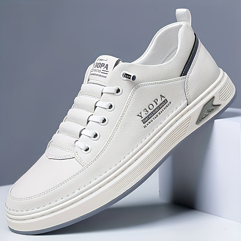 Men's White Low-Top Casual Sneakers with Rubber Sole Non-Slip Lace-Up