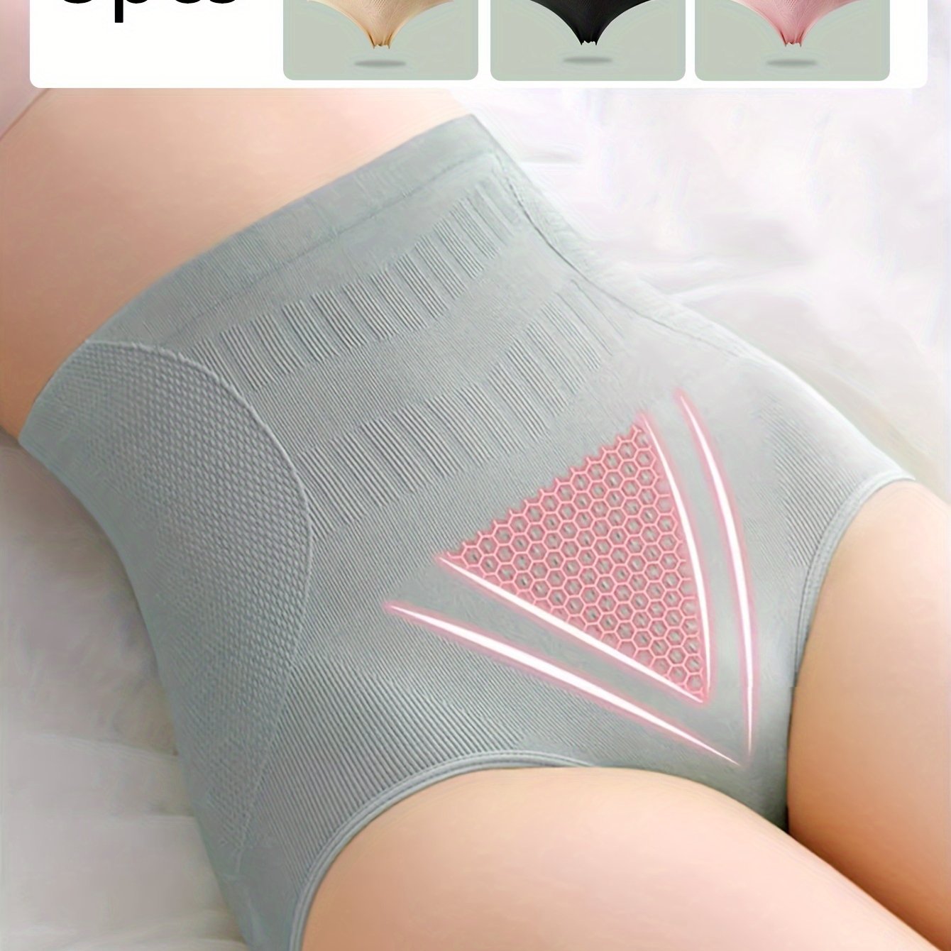 Women's High-Waist Briefs Nylon Elastane Tummy Control Butt Lifting Non-See-Through Light Gray White Beige 3 Pack