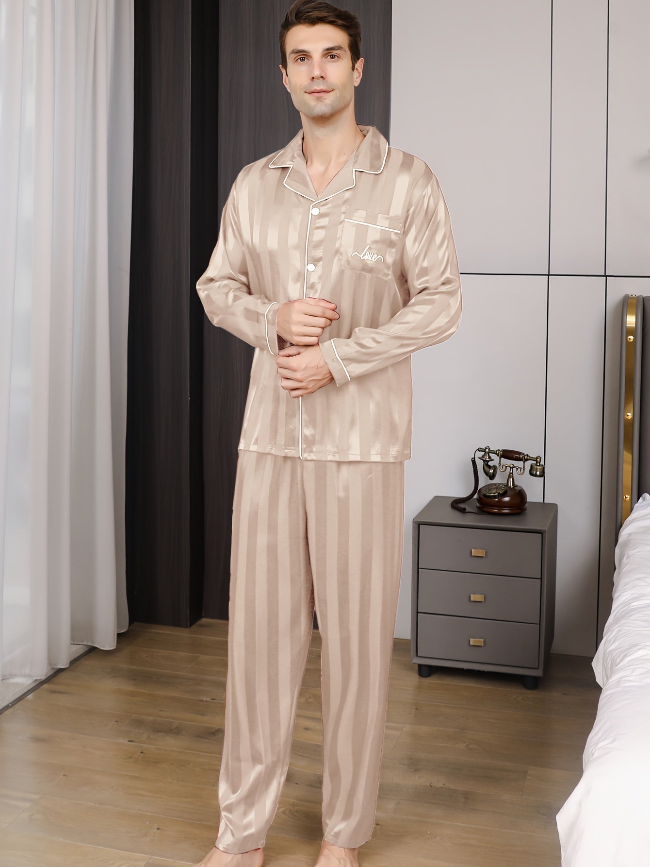 Men's Autumn Ice Silk Pajama Set Long Sleeve Top and Pants Casual Sleepwear