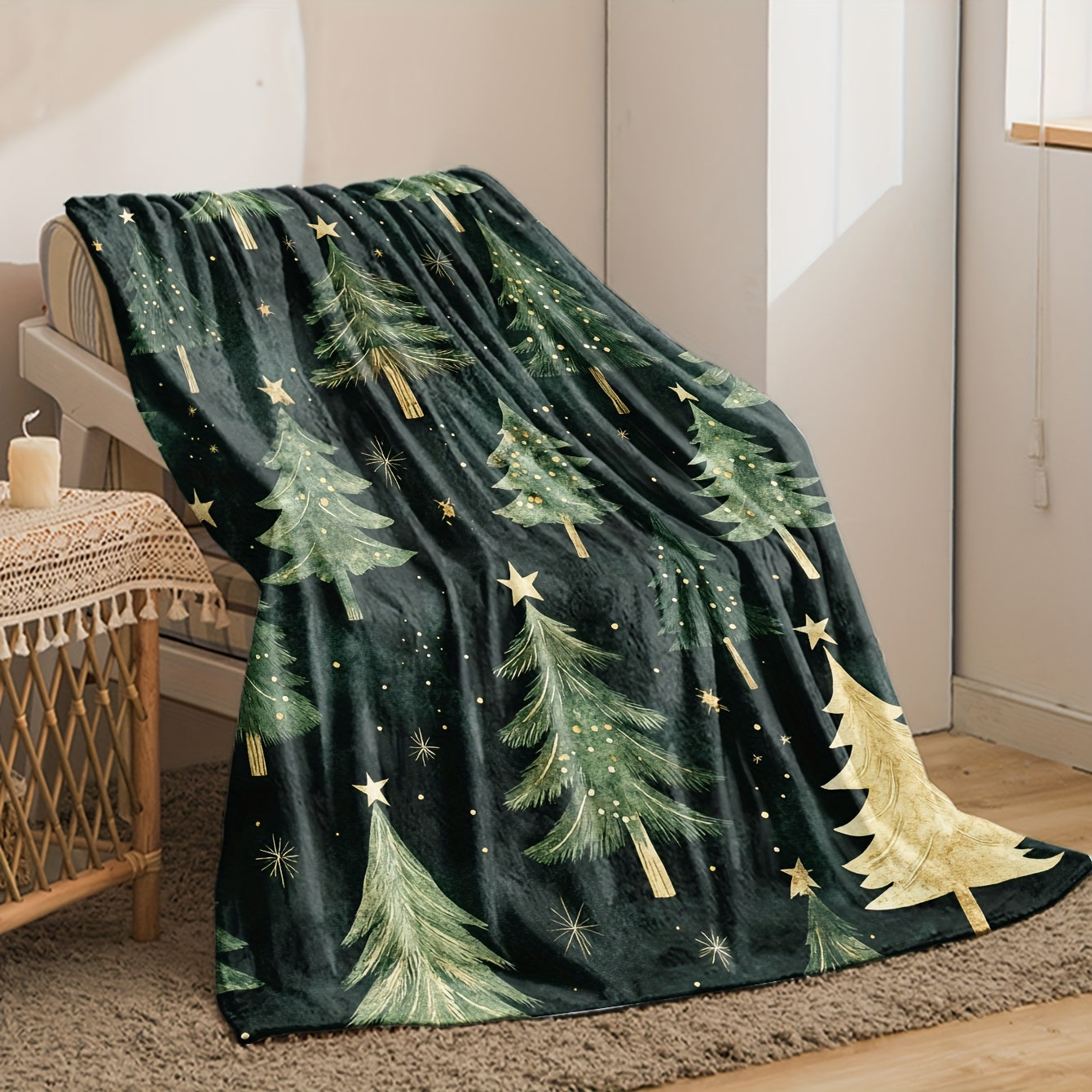 Green Christmas Tree Print Flannel Fleece Throw Blanket Soft Warm Machine Washable
