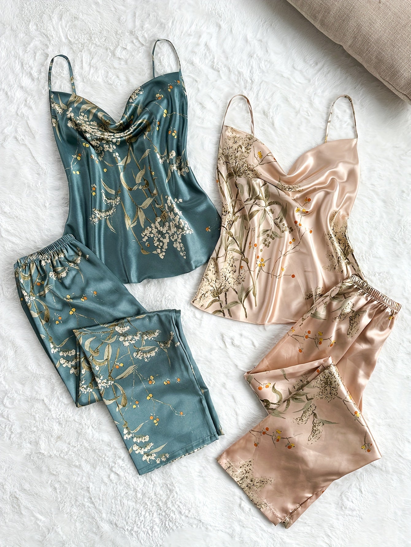 Women's Satin Pajama Sets with Floral Print Turtleneck Backless Top Summer Nightwear
