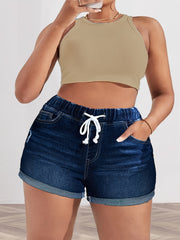 Plus Size Women's Blue Elastic Waist Drawstring Stretch Shorts
