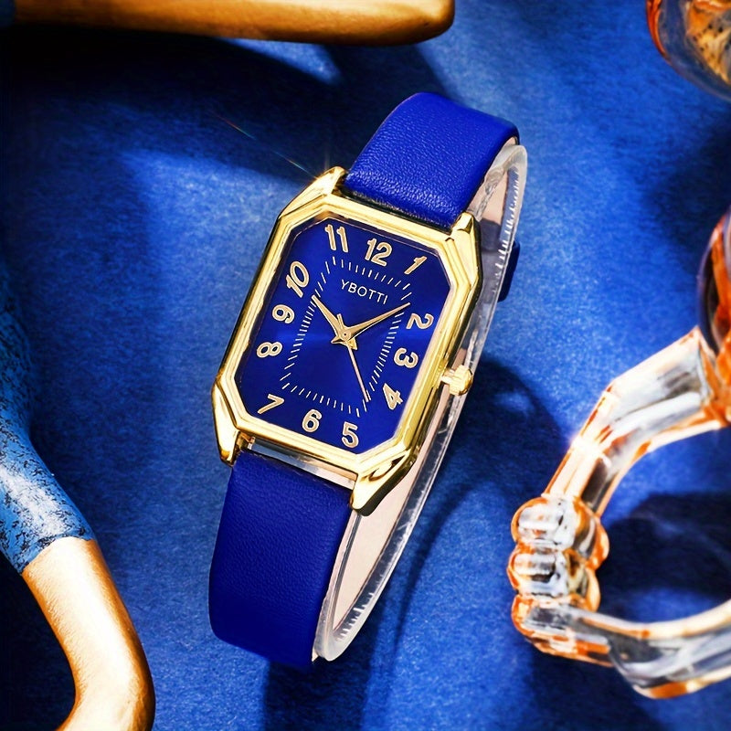 Set of 5 Women's Retro Rectangle Quartz Watches with Leather Bands and Jewelry Gift