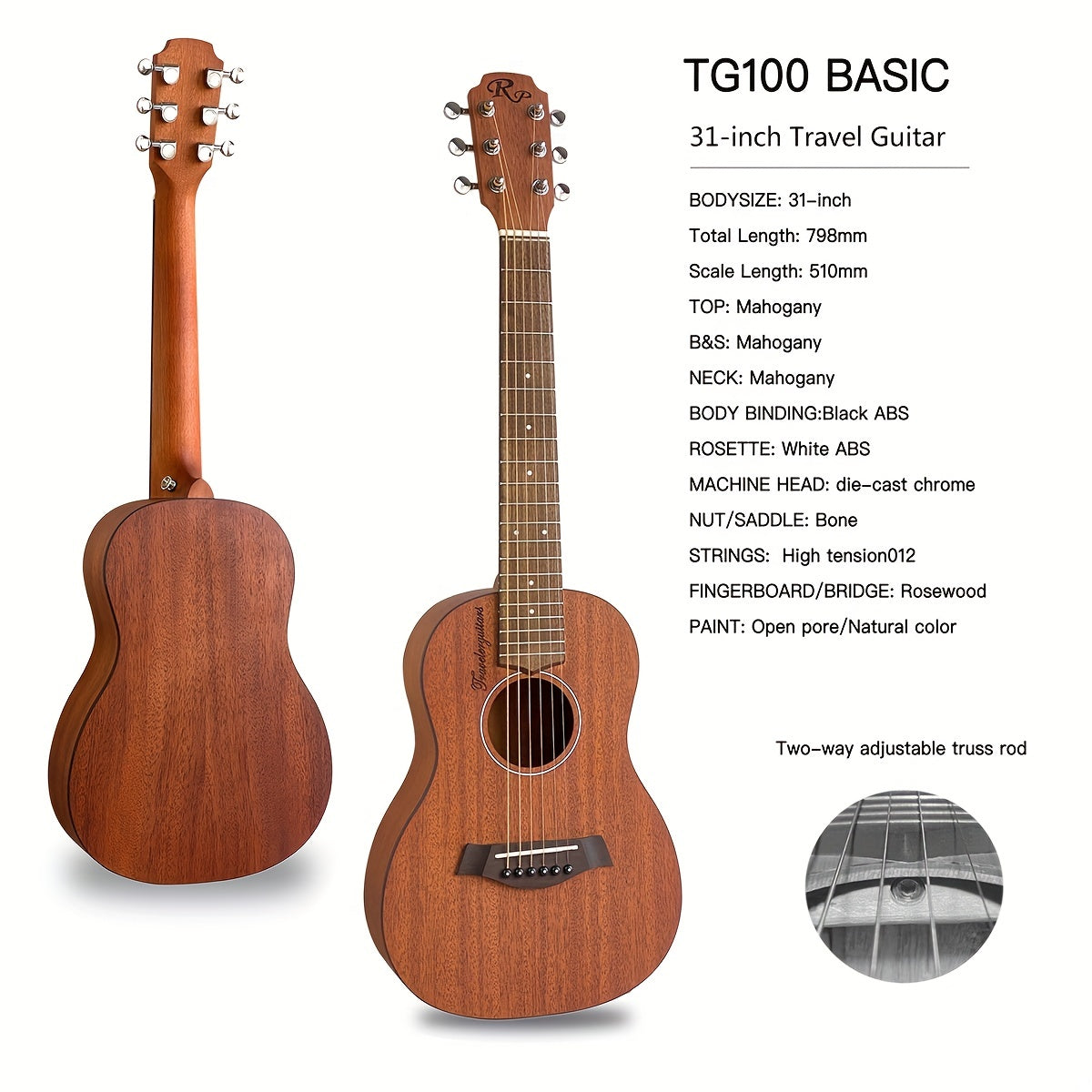 Travel Acoustic Guitar 76.2cm Sapele Back and Sides Rosewood Neck for Beginners and Family Use