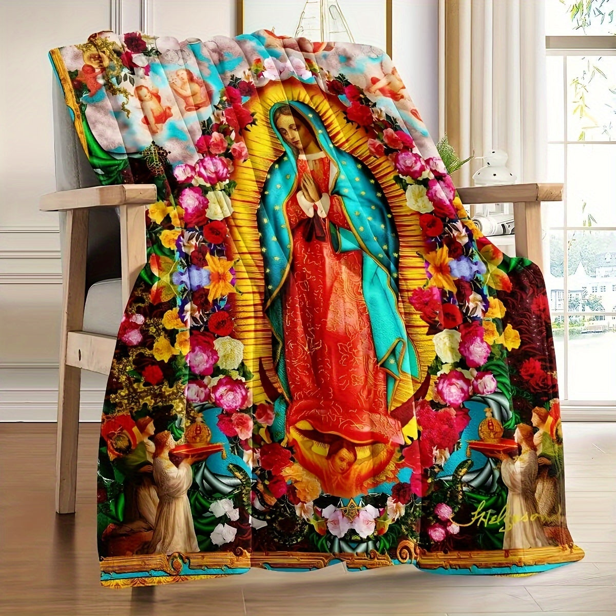 Virgin Mary Prayer Healing Blanket Flannel Throw Reversible Microfiber Decorative Cover