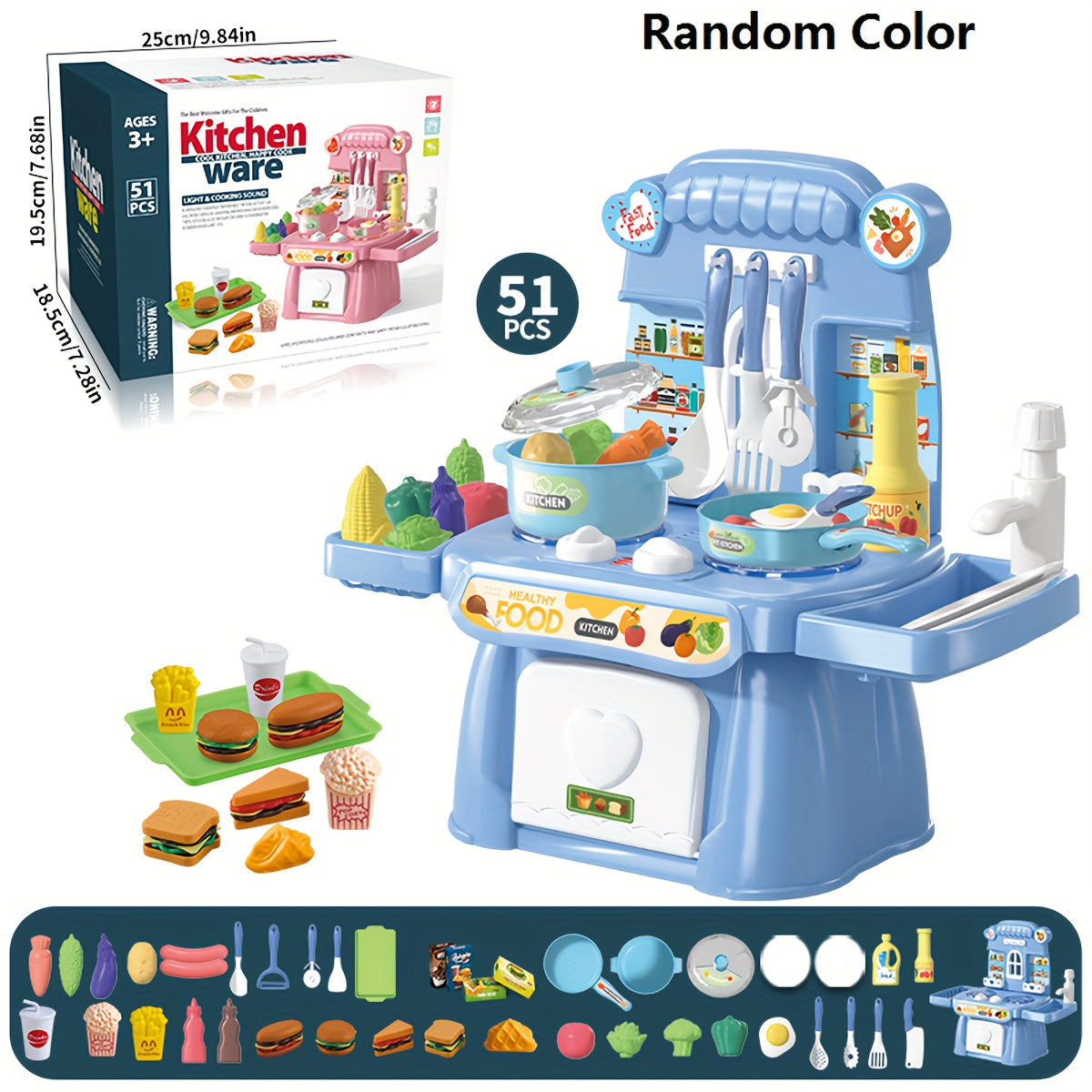 Pink Kids Play Kitchen Set for Ages 3 Plus with Realistic Food and Sink Educational Toy