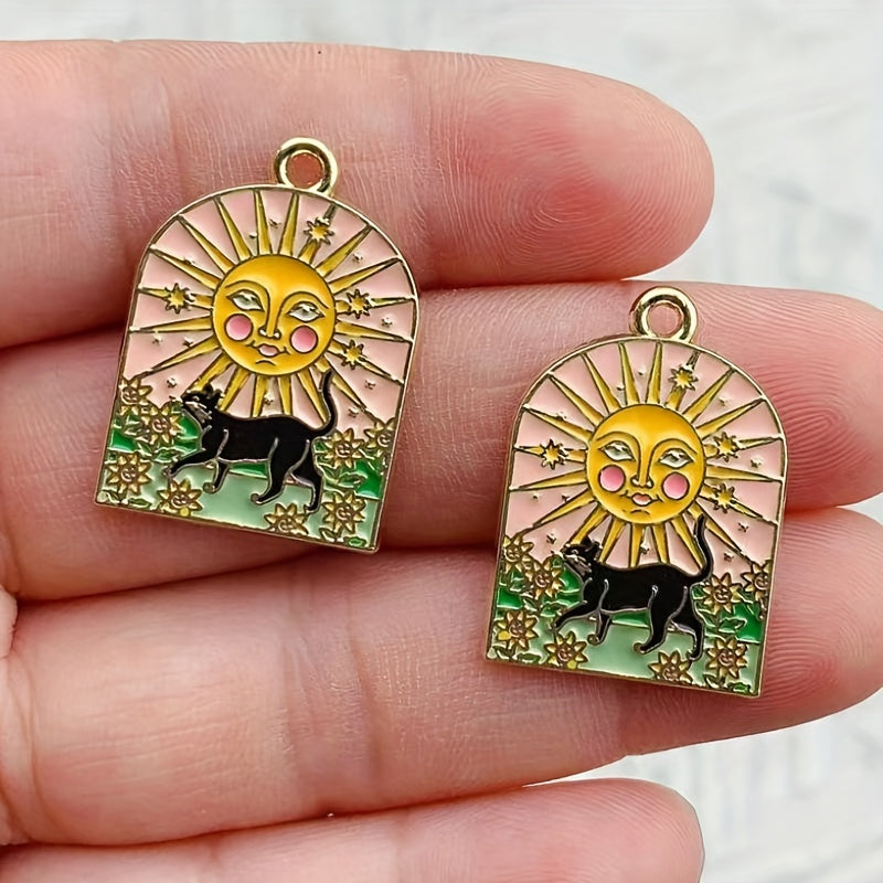 Set of 8 Sun and Moon Cat Charms Enamel Gold Plated Jewelry Pendants for DIY Necklaces and Earrings
