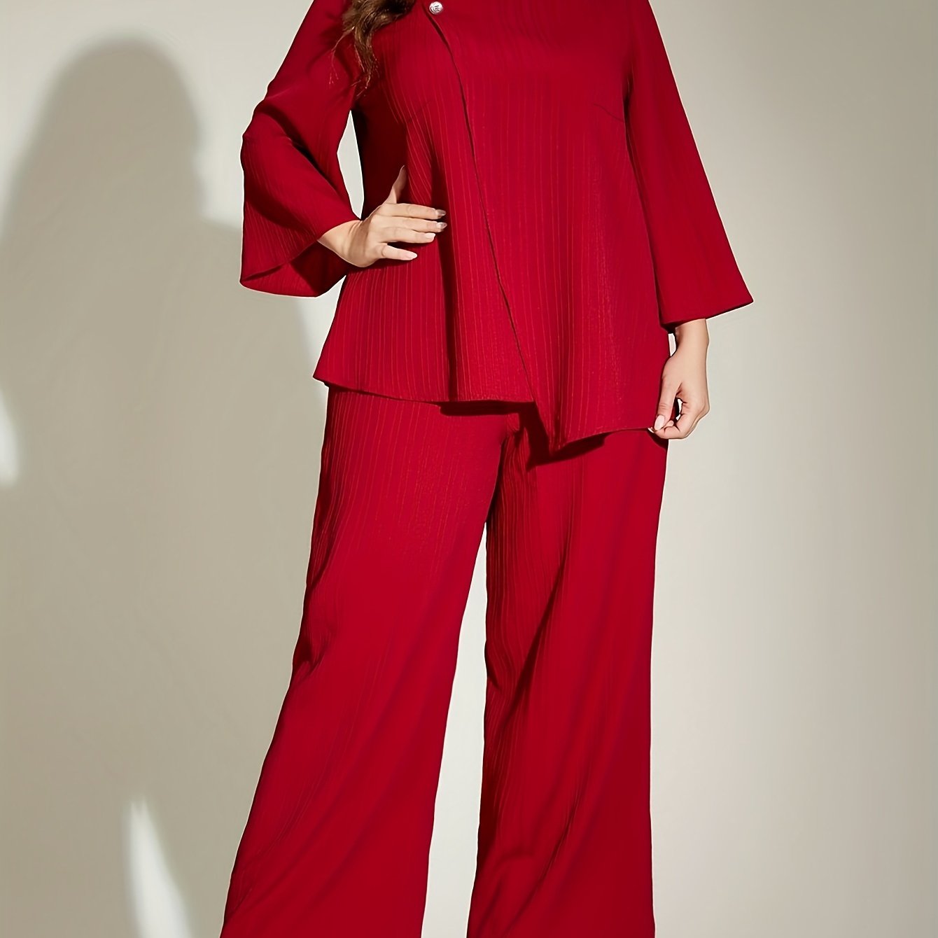 Plus Size Red Ribbed Suit Set with 3/4 Sleeve Top and Wide-Leg Pants for Women