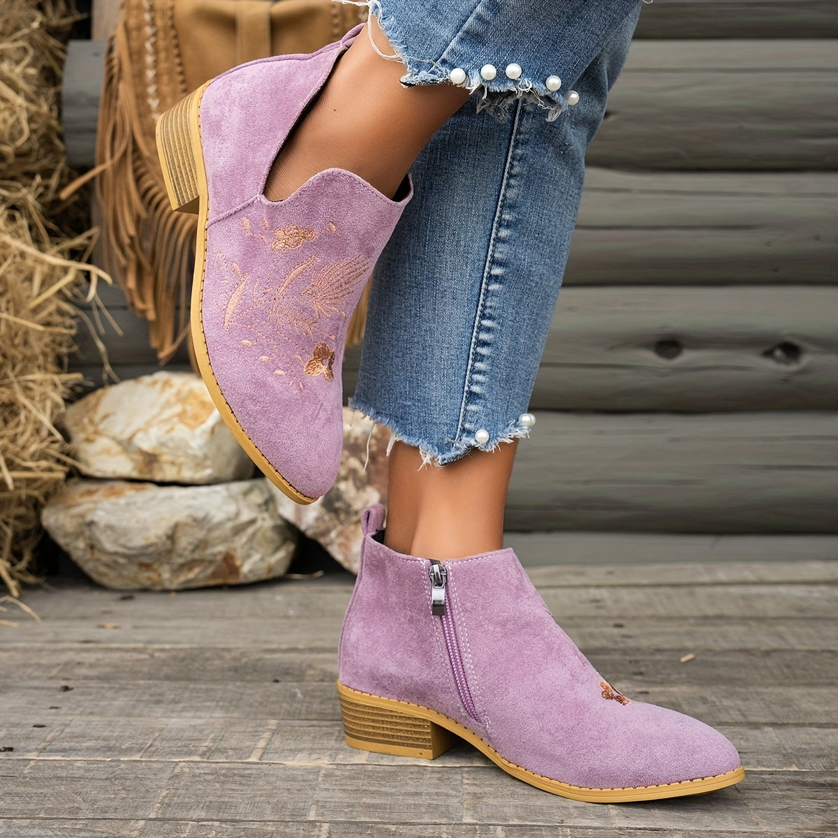 Women's Floral Embroidered Ankle Boots Low Heel Side Zipper Casual Short Boots