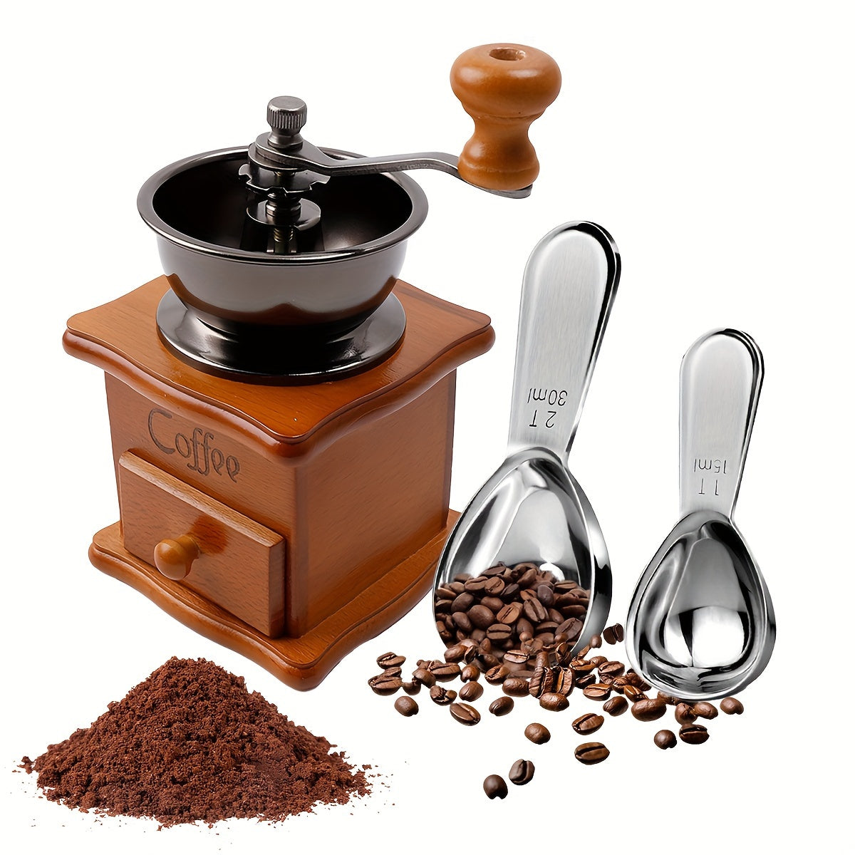Vintage Manual Coffee Grinder Set with Ceramic Mill and Scoops