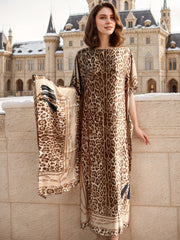 Plus Size Women Leopard Print Maxi Dress with Scarf Batwing Sleeves