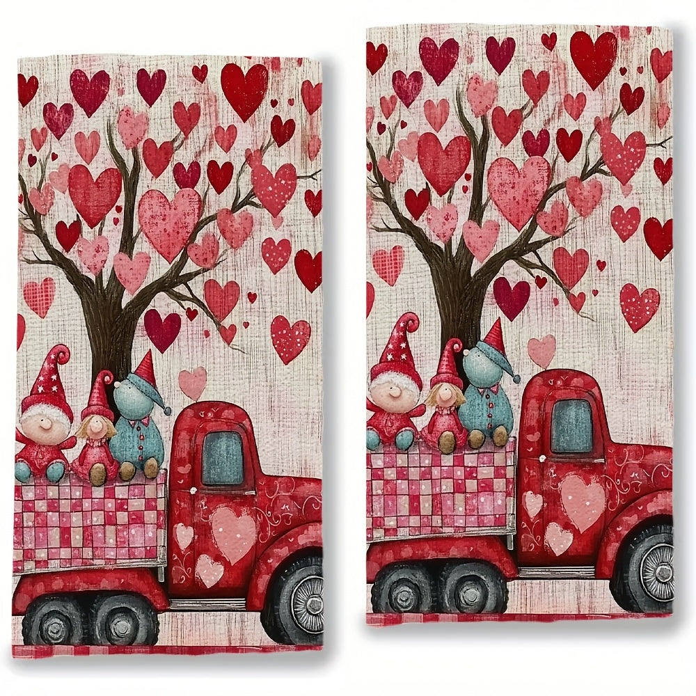 Pair of 2 Ultra-Soft Kitchen Towels Valentine’s Day Truck Gnome Design 40x60 cm
