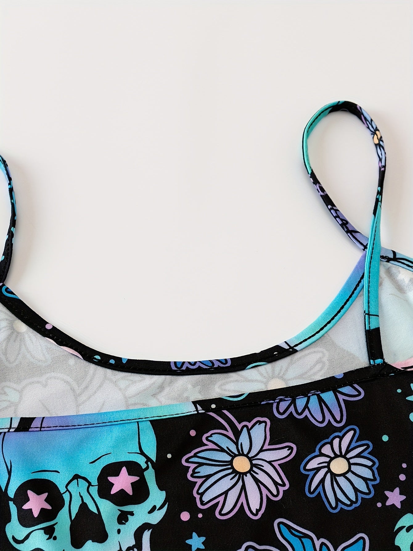 Women's Gothic Sleepwear Pajama Set with Skull and Floral Print Backless Cami Top and Elastic Shorts