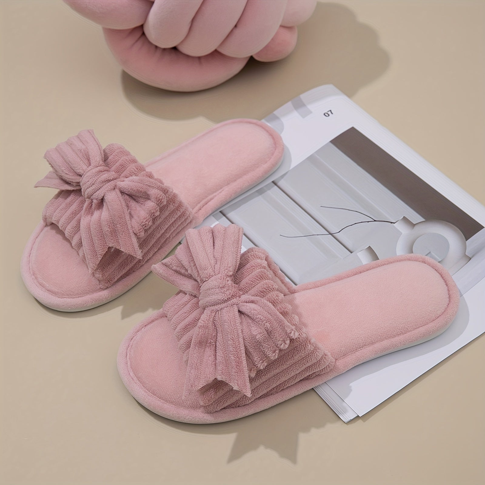 Women's Solid Color Bowknot Decor Slippers Open Toe Plush Indoor Shoes