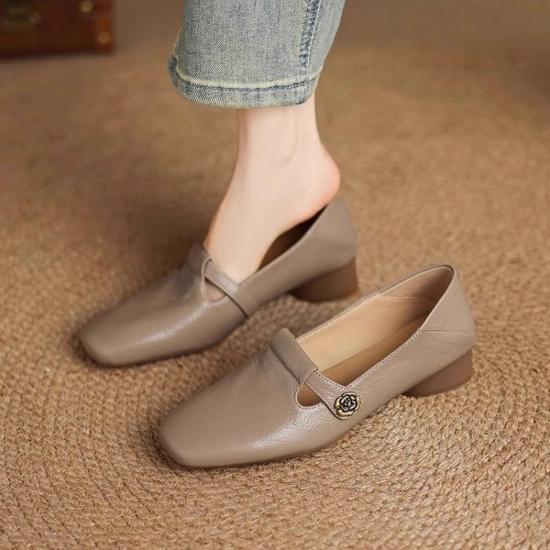 Women’s Beige Faux Leather Loafers with Block Heel and Decorative Button