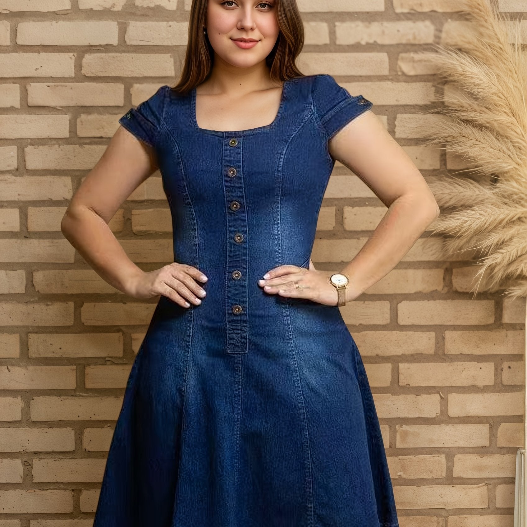 Vestido midi casual a formal para mujer de talla grande, azul marino elástico con escote cuadrado