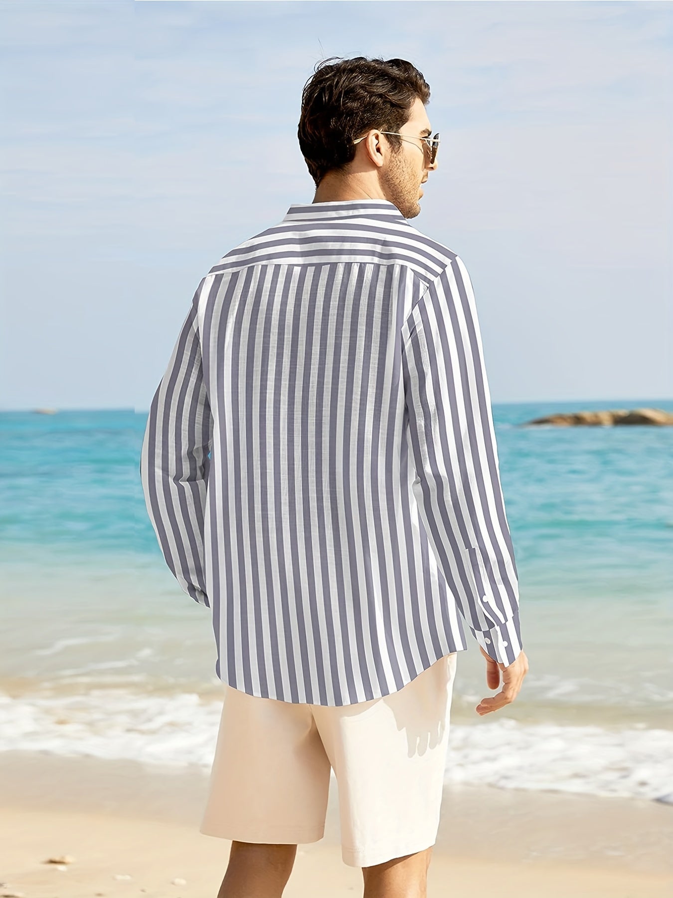Men's Cotton Vertical Striped Band Collar Shirt Long Sleeve Casual Wear