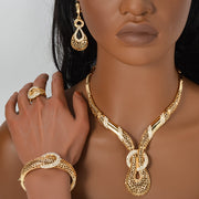 Gold Tone Geometric Jewelry Set with Necklace Bracelet Earrings and Ring for Weddings and Parties